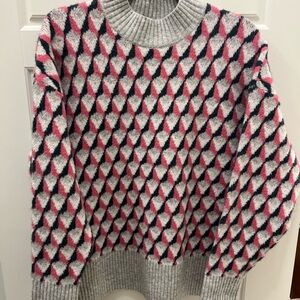 Pink and Gray Geometric Chunky Mock Neck Sweater